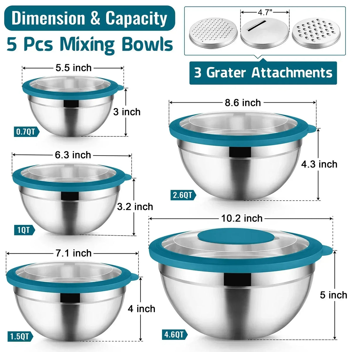 Vesteel Mixing Bowls with Lids Set of 8, Stainless Steel Prep Bowls with Upgraded Airtight Visible Lid, Metal Nesting Bowl Attach with 3 Graters for Kitchen Grating/ Shredding / Mixing