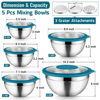 Vesteel Mixing Bowls with Lids Set of 8, Stainless Steel Prep Bowls with Upgraded Airtight Visible Lid, Metal Nesting Bowl Attach with 3 Graters for Kitchen Grating/ Shredding / Mixing