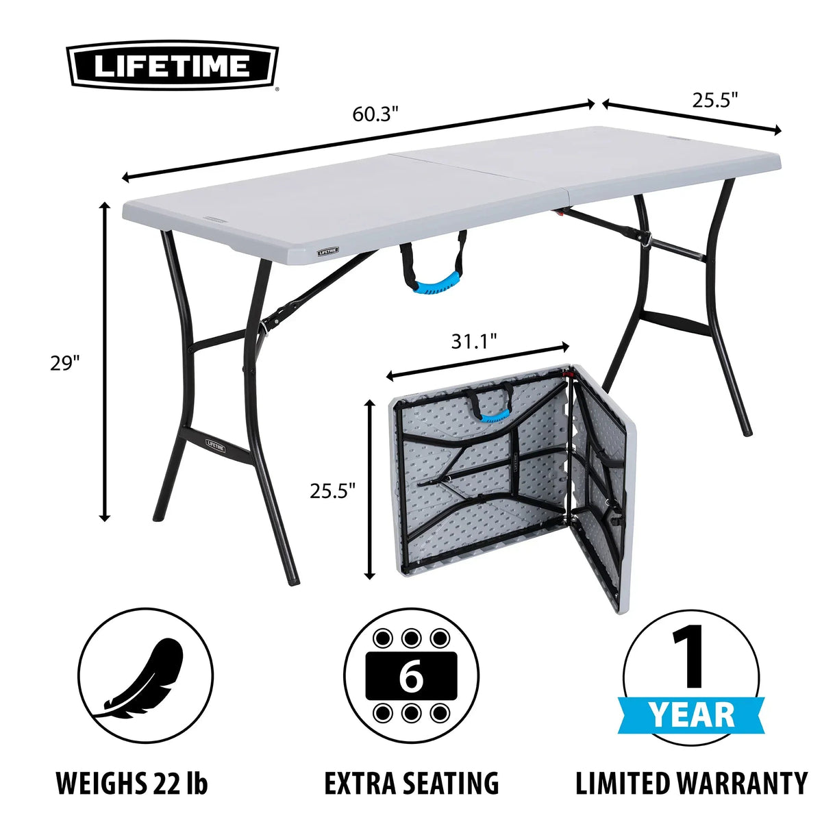 Lifetime 5 Foot Rectangle Fold-in-Half Table, Indoor/Outdoor Essential, Gray, 60.3" x 25.5"