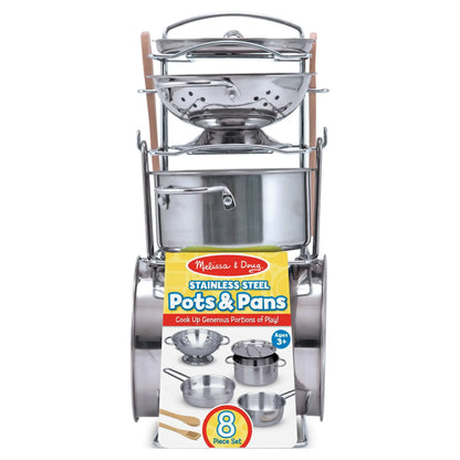 Melissa & Doug Stainless Steel Pots and Pans Pretend Play Kitchen Set for Kids with Wooden Utensils (8 Pcs)