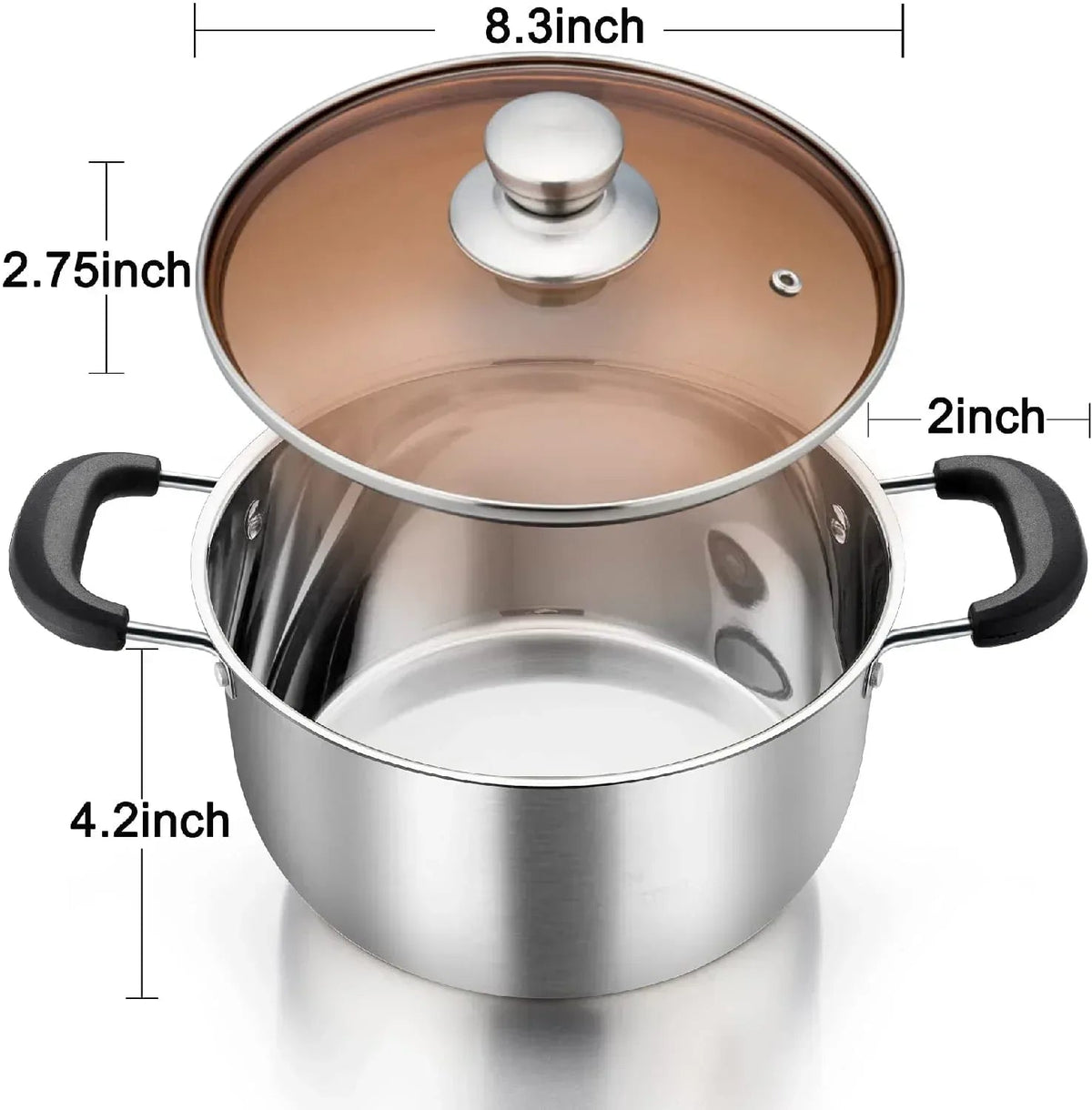 Vesteel 3 Quart Stock Pot, Stainless Steel Metal Pasta Soup Pot with Glass Lid for Cooking, Heat-Proof Double Handles, Heavy Duty & Dishwasher Safe