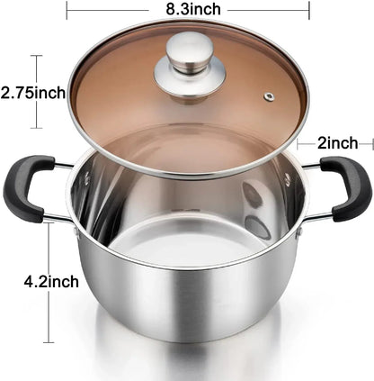 Vesteel 3 Quart Stock Pot, Stainless Steel Metal Pasta Soup Pot with Glass Lid for Cooking, Heat-Proof Double Handles, Heavy Duty & Dishwasher Safe