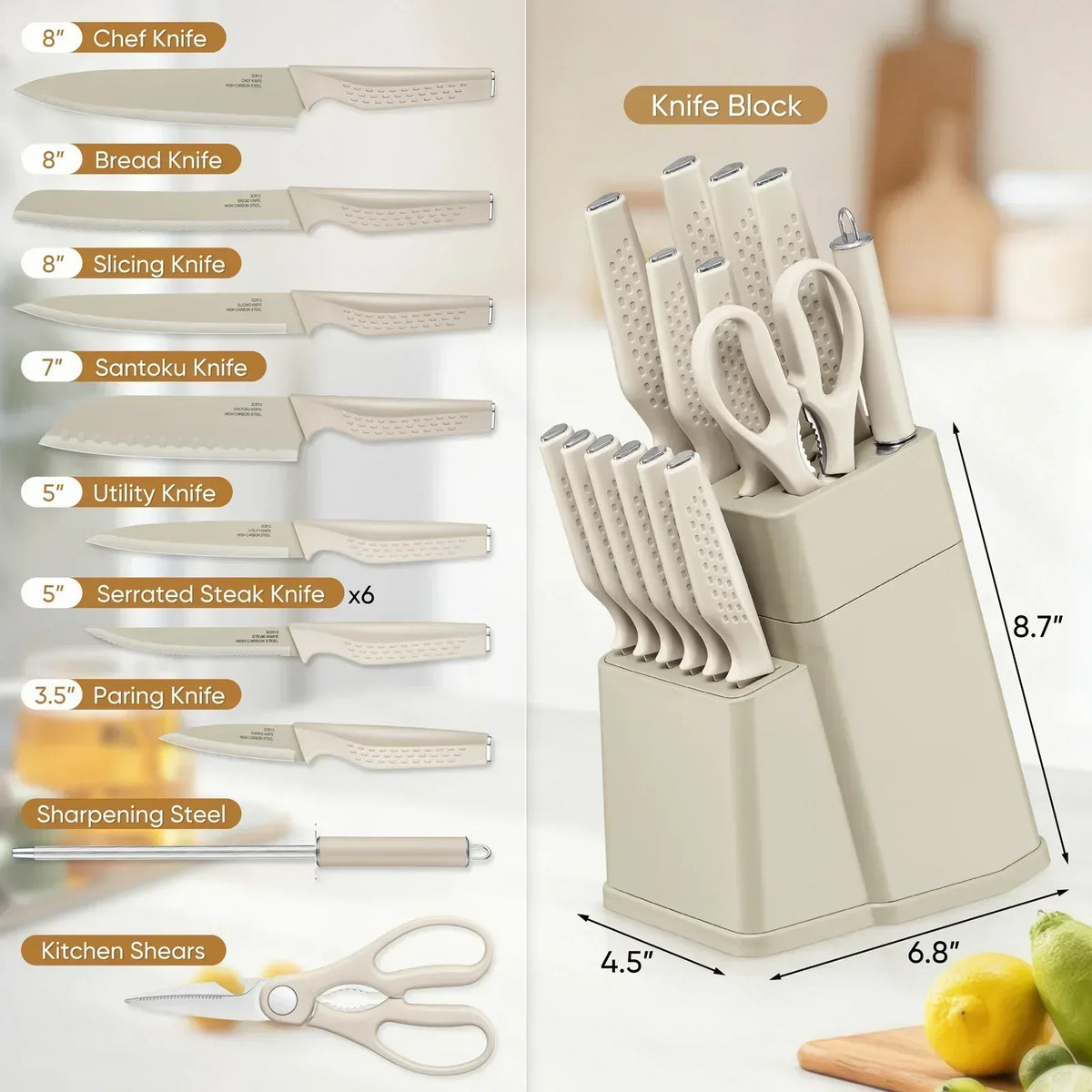 Vesteel Knife Block Set for Kitchen, 15-Piece High Carbon Stainless Steel Knives Set with Ergonomic Handle, Ultra-sharp & Rust Resistant
