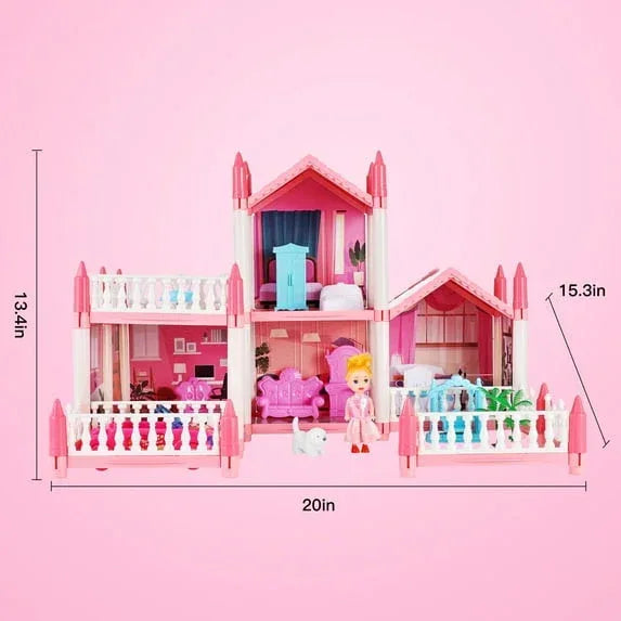Anpro Pink Dollhouse Pretend Play Set for Kid, Big Villa Princess Castle, 5 Rooms Dollhouse with Doll Toy Figure for Boys and Girls Age 3+ Play House Gift Toys and Christmas