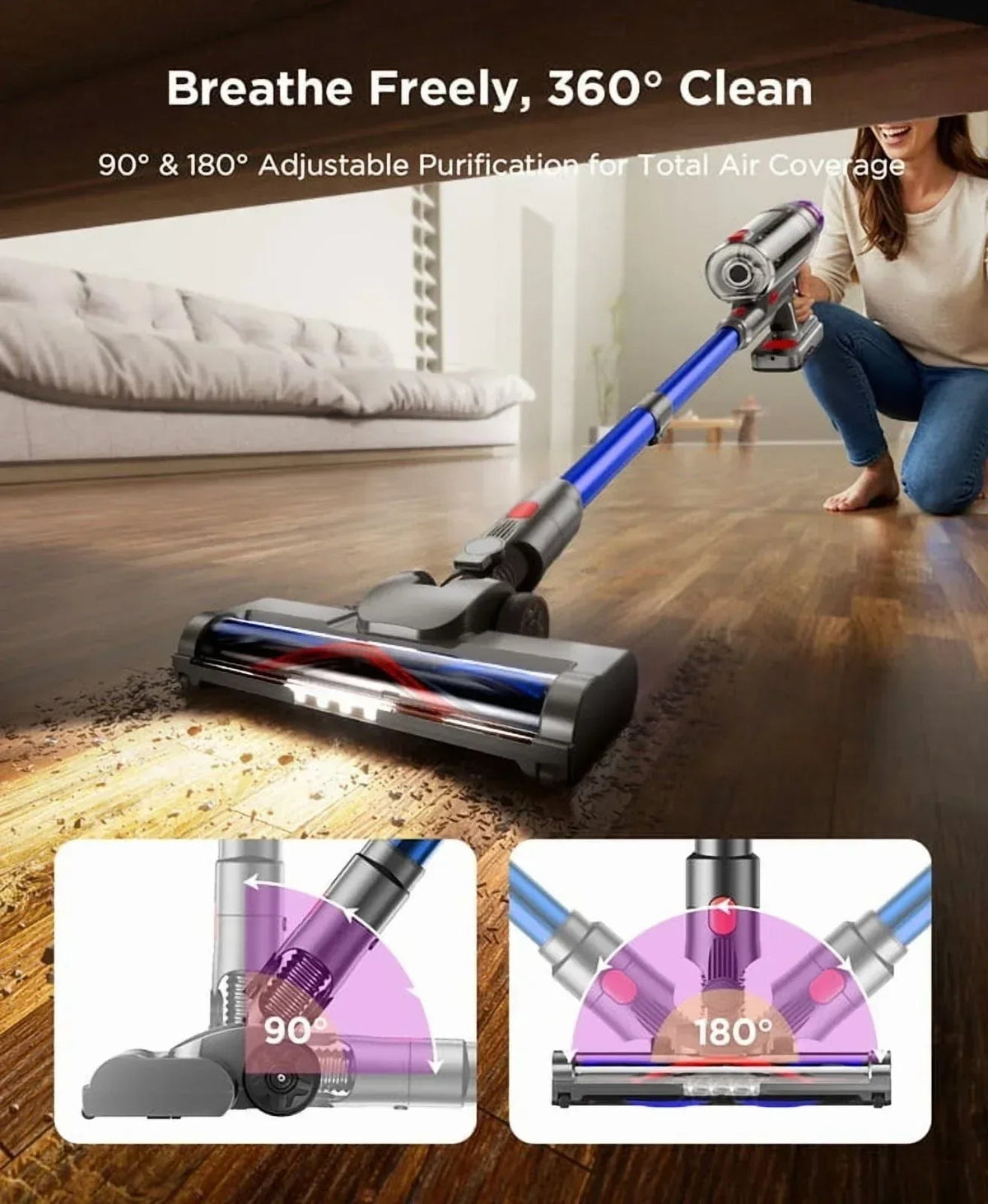 Hosaud Cordless Vacuum Cleaner - 45000pa 550W 55mins 2600mAh Lightweight Stick Vacuum Cleaners for Home Pet Hair Carpet Floor Purple