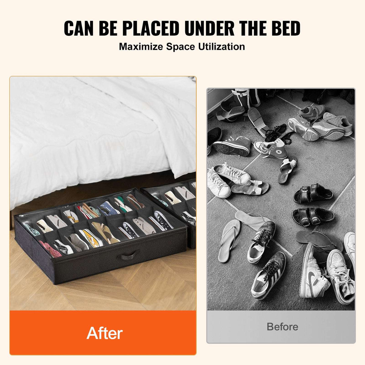 KFFKFF Shoe Storage Units for Under Bed, Pack of 2, Accommodates 32 Pairs, Underbed Footwear Storage System with Transparent Window, Airy, Collapsible Fabric Shoe Holder Box with Sturdy Handles