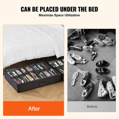 KFFKFF Shoe Storage Units for Under Bed, Pack of 2, Accommodates 32 Pairs, Underbed Footwear Storage System with Transparent Window, Airy, Collapsible Fabric Shoe Holder Box with Sturdy Handles