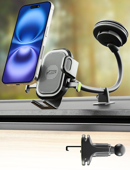 Bracketron OneClick 3-in-1 Car Phone Mount for Dashboard, Windshield & Vent with 7” Flexible Gooseneck, One-Handed Click Grip, 360° Rotation, TemperBond Suction