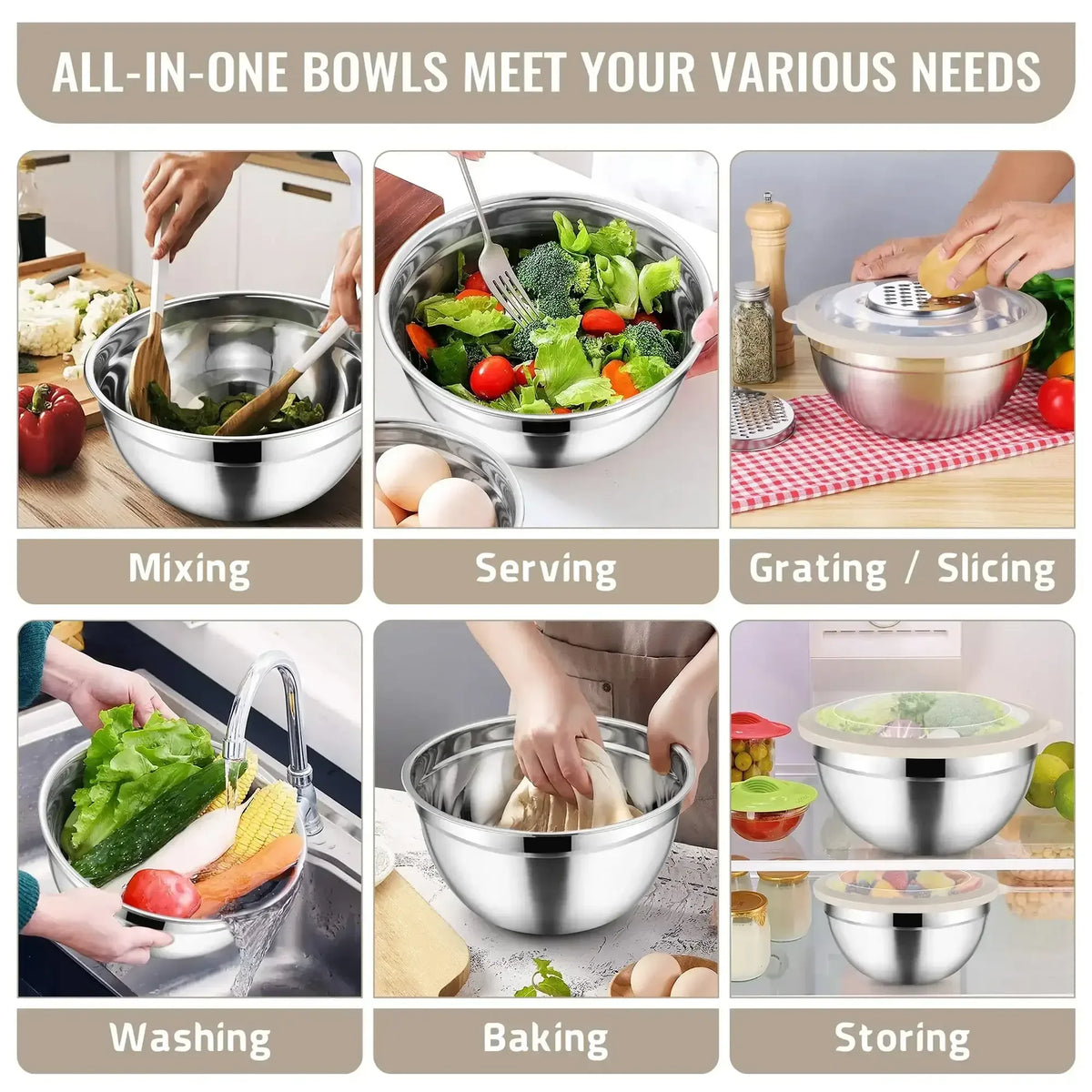 Vesteel Mixing Bowls with Lids Set of 8, Stainless Steel Prep Bowls with Upgraded Airtight Visible Lid, Metal Nesting Bowl Attach with 3 Graters for Kitchen Grating/ Shredding / Mixing