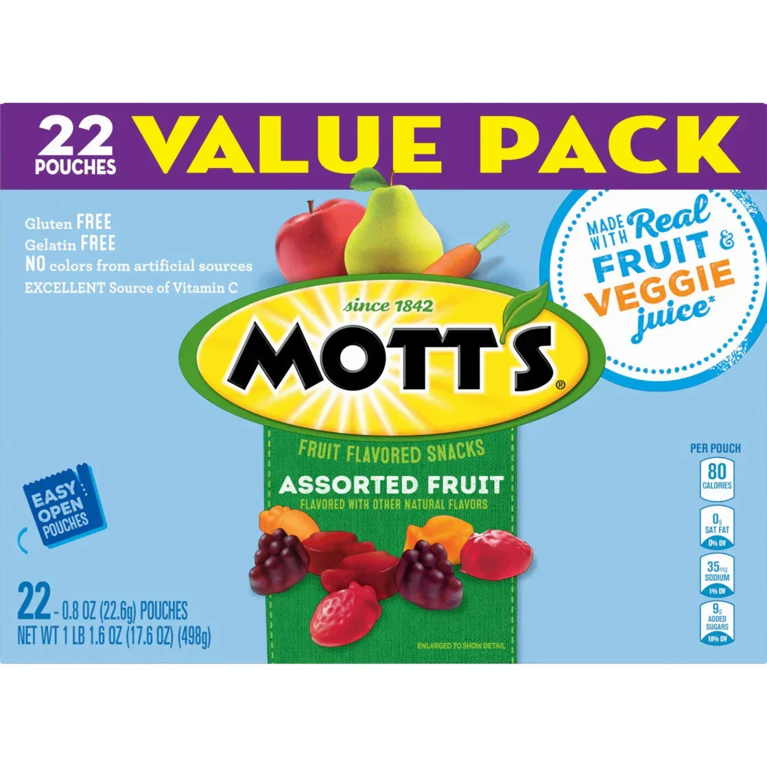 Mott's Fruit Flavored Snacks, Assorted Fruit, Gluten Free, Value Pack, 22 Pouches, 17.6 oz