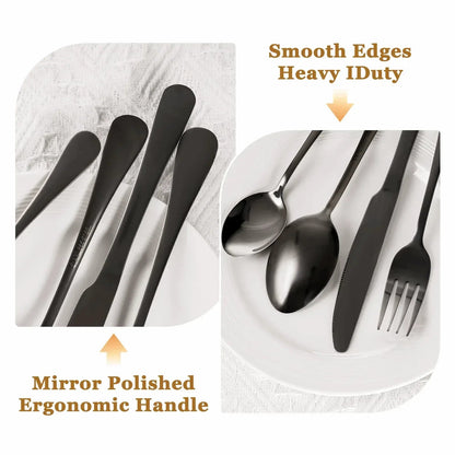 Astercook 25-Pieces Black Silverware Set with Steak Knives, Black Flatware Set for 4, Food-Grade Stainless Steel Tableware Cutlery Set, Eating Mirror Polished Utensil Set for Home Restaurant