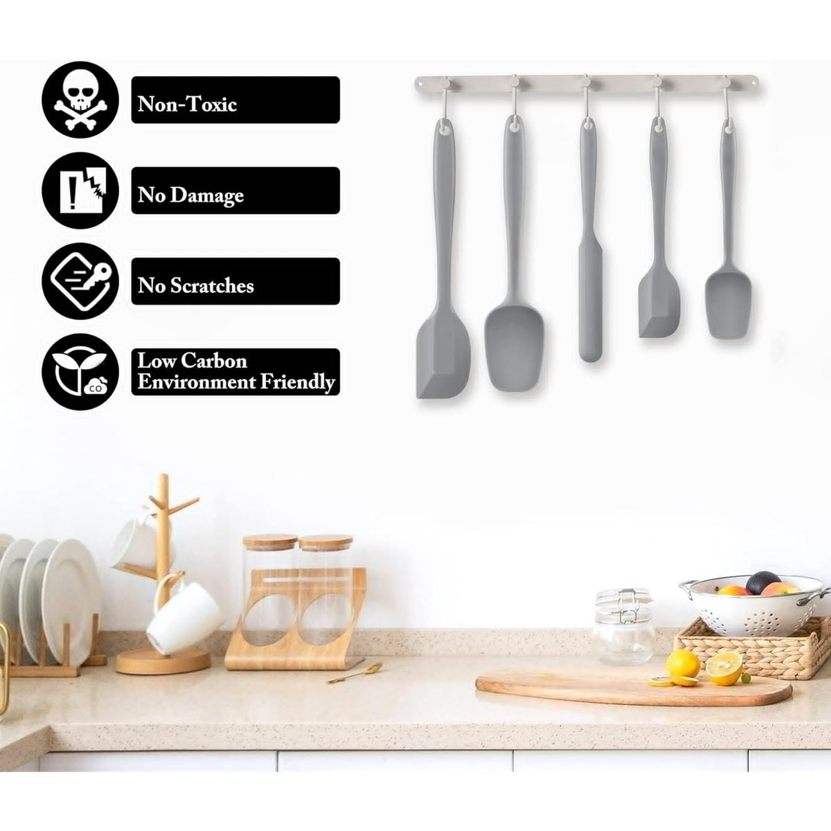 Food Grade Silicone Rubber Spatula Set for Baking, TAIMASI 5Pcs Cooking Utensil Set, High Heat Resistant Non Stick Dishwasher BPA-Free-Gray
