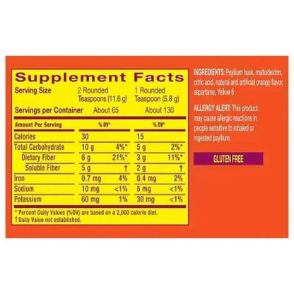 Metamucil Fiber 4-in-1 Psyllium Sugar-Free Fiber Supplement Powder, Orange Flavor, 26.6 oz, 2 Pack