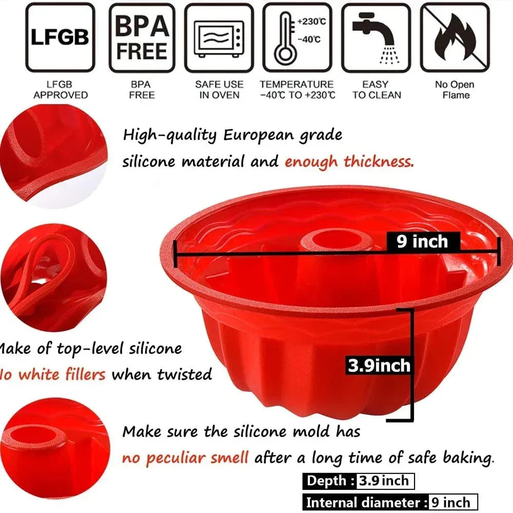 Silicone Baking Molds, European Grade Fluted Round Cake Pan, Non-Stick Cake Pan for Jello,Buntcake,Gelatin,Bread, 9.45 Inches Tube Bakeware Red