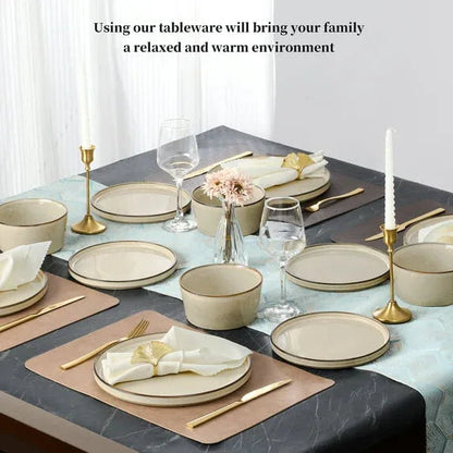Vesteel Dinnerware Sets for 4, 12-Pieces Ceramic Plates and Bowls Sets, Handmade Reactive Glaze Dishes Set for Kitchen Dining, Dishwasher Safe, Khaki