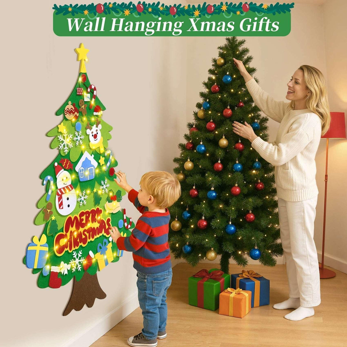 Jubtucc DIY Felt Christmas Tree Set with Light String, 38 Pcs Christmas Ornaments, 3.6 ft Wall Hanging Christmas Decorations for Kids Gifts New Year
