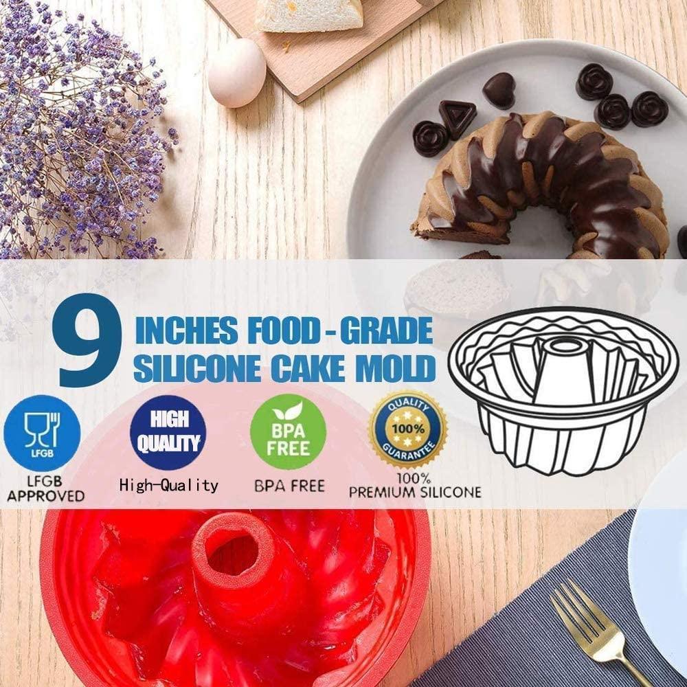 Silicone Baking Molds, European Grade Fluted Round Cake Pan, Non-Stick Cake Pan for Jello,Buntcake,Gelatin,Bread, 9.45 Inches Tube Bakeware Red