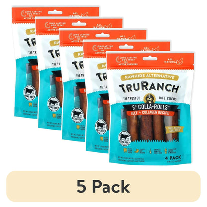 (5 pack) TRURANCH Collagen Rolls - 6" Collagen Rolls for Dogs - Long Lasting Healthy Joint Support Dog Treat - Rawhide Alternative - Skin & Coat Health - Made with Real Beef, 1 Bag, 4 Count