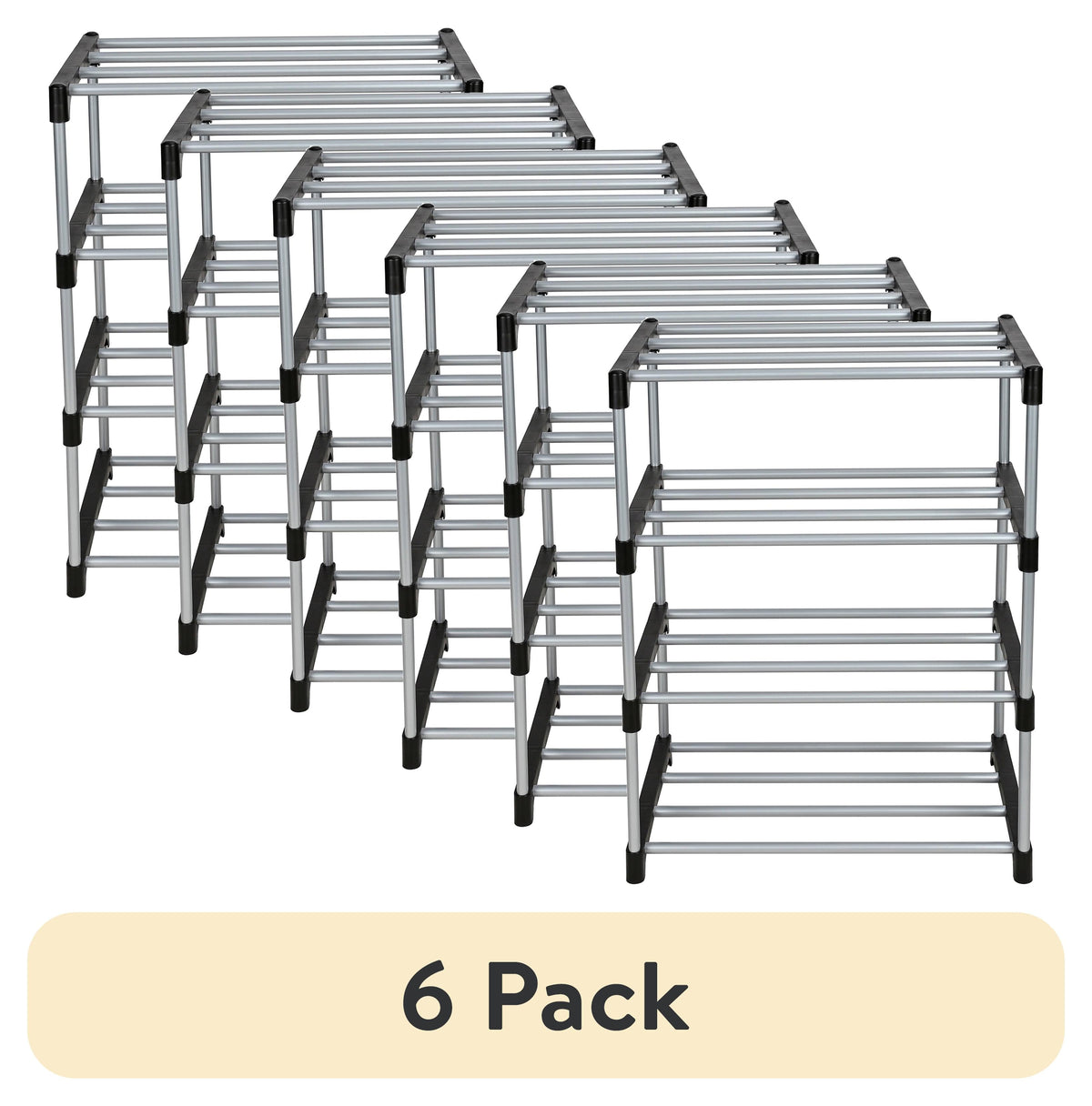 Mainstays 4 Tier Shoe Rack, Black and Silver, 8 Pairs of Shoes, Metal Tubes & Plastic Connectors