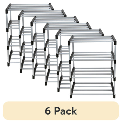 Mainstays 4 Tier Shoe Rack, Black and Silver, 8 Pairs of Shoes, Metal Tubes & Plastic Connectors