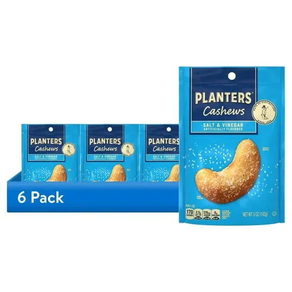PLANTERS Cashews Salt and Vinegar, Party Snacks, Plant Based Protein, 5 oz Resealable Bag