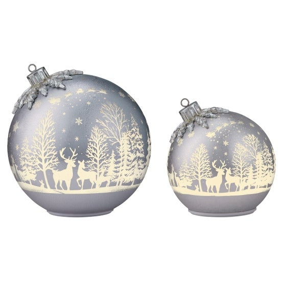 6.5" & 8.5" Rotating Glass Ornament Decor with LED Lights, Set of 2