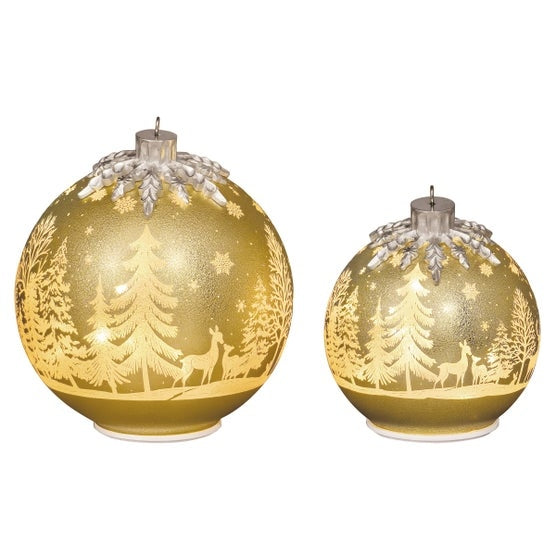 6.5" & 8.5" Rotating Glass Ornament Decor with LED Lights, Set of 2