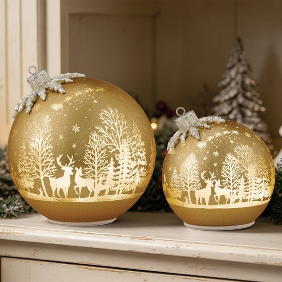 6.5" & 8.5" Rotating Glass Ornament Decor with LED Lights, Set of 2