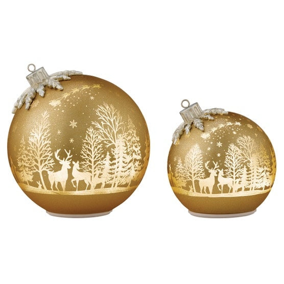 6.5" & 8.5" Rotating Glass Ornament Decor with LED Lights, Set of 2
