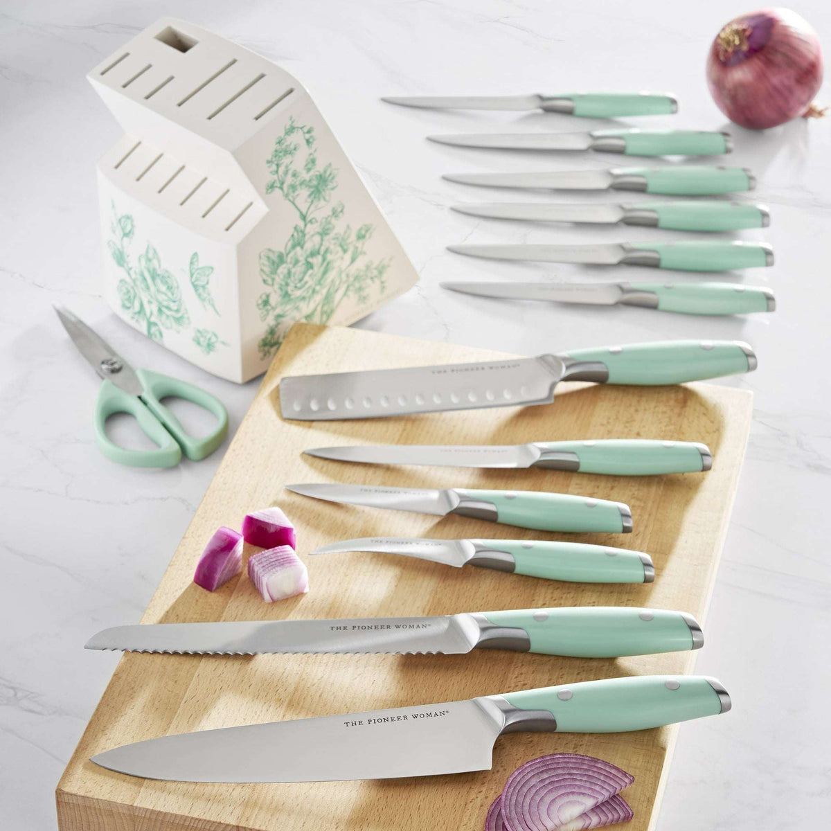 The Pioneer Woman 14 Pieces Knife Set with Decal Block Stainless Steel Knives, Forged, Green Agatha