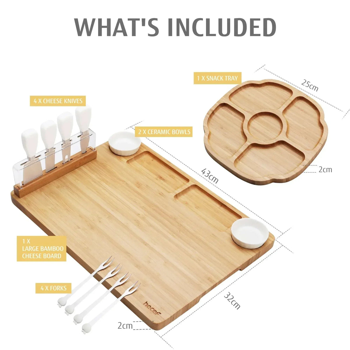 Hecef Bamboo Cheese Board and Knife Set, 13-Piece Large Charcuterie Serving Tray, 17 in