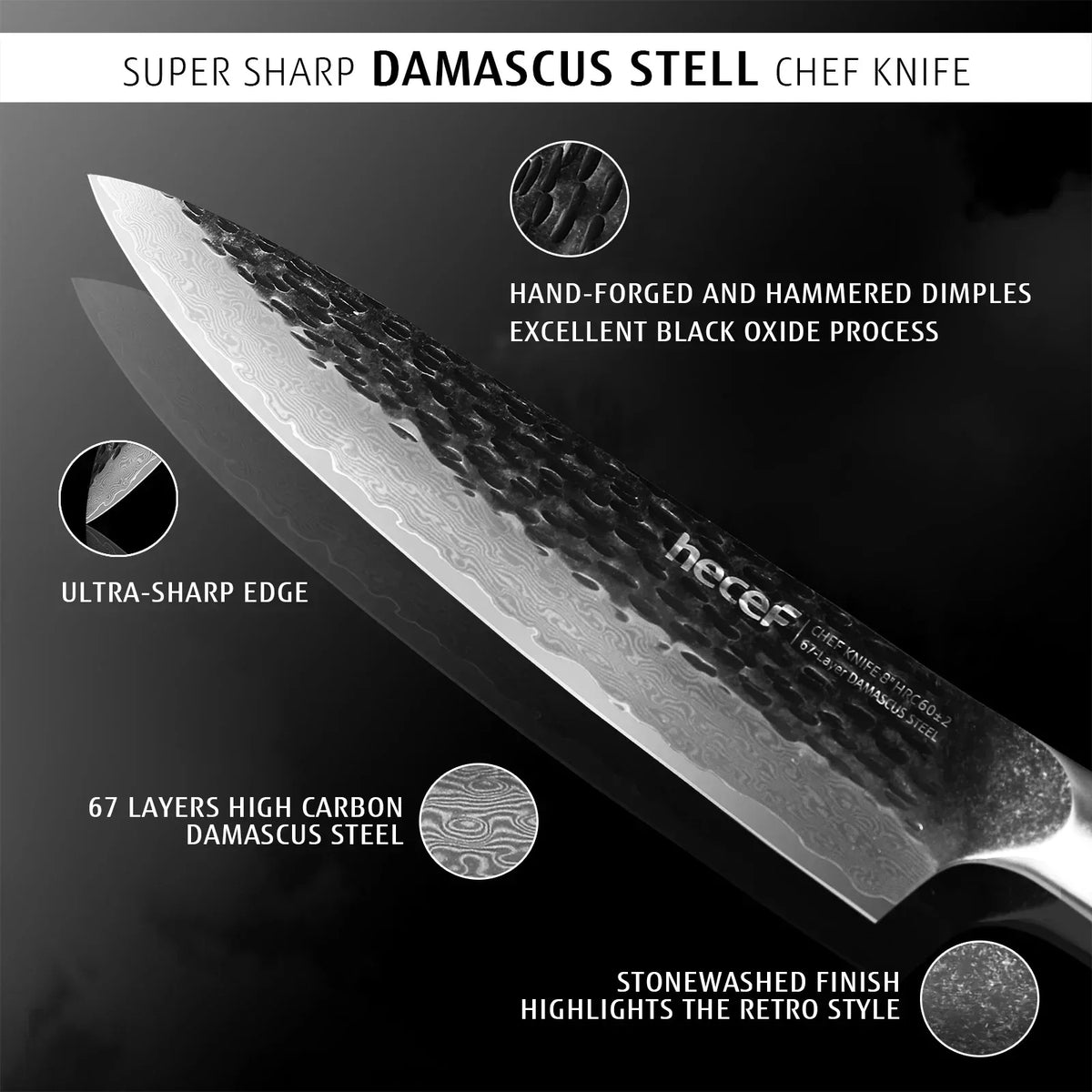 Hecef Japanese Chef Knife, Forged 67-Layer Damascus Steel Ultra Sharp Professional Hammered Carving Knife