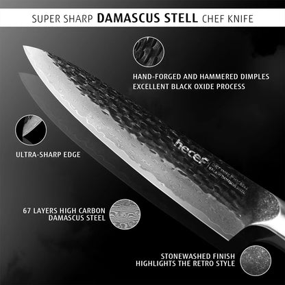 Hecef Japanese Chef Knife, Forged 67-Layer Damascus Steel Ultra Sharp Professional Hammered Carving Knife