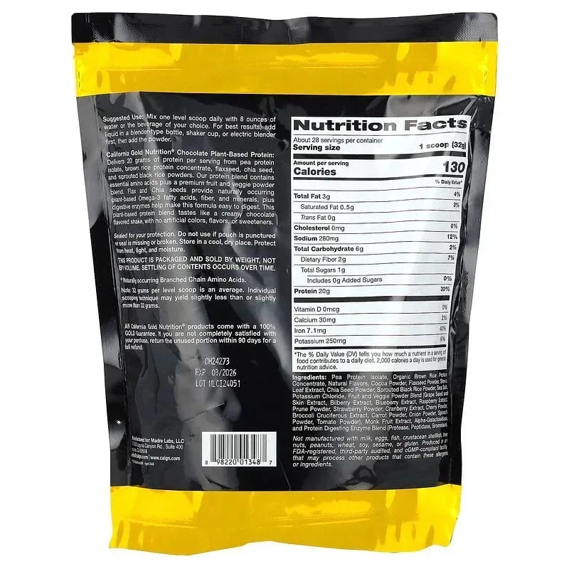 California Gold Nutrition, Sport, Plant-Based Protein with Organic Brown Rice Protein Concentrate, Flaxseed, Chia Seed, 2 lb (907 g)