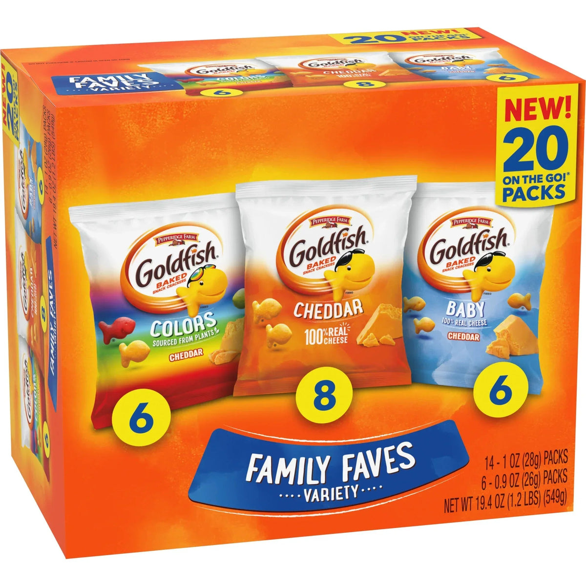 Goldfish Family Faves Crackers, Cheddar, Colors and Baby Crackers Snack Pack, 0.9 oz, 20-Count Variety Pack Box