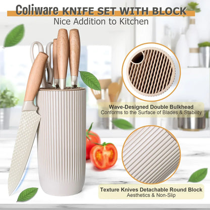 Joyfair Kitchen Knife Set, 7 Pcs Stainless Steel White Knives Block Set for Chef, Super Sharp Professional Knife Set with Universal Knife Block for Home Restaurant, Non-Stick & Anti-Rust