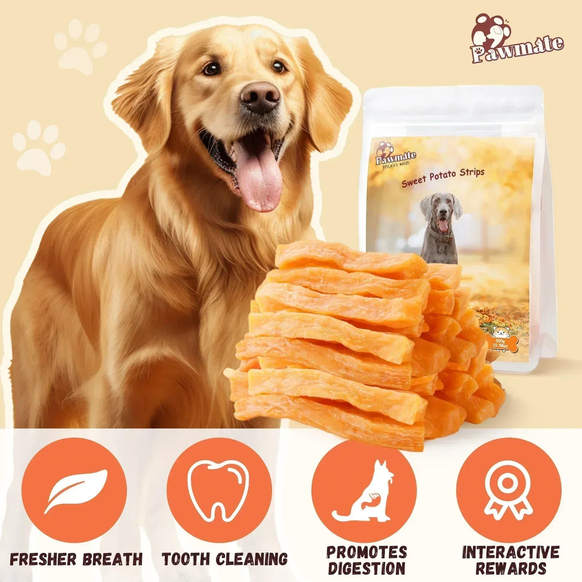 Pawmate Sweet Potato Dog Treats, Promote Digestion Soft Chews for All Dogs, 30 ct Packet