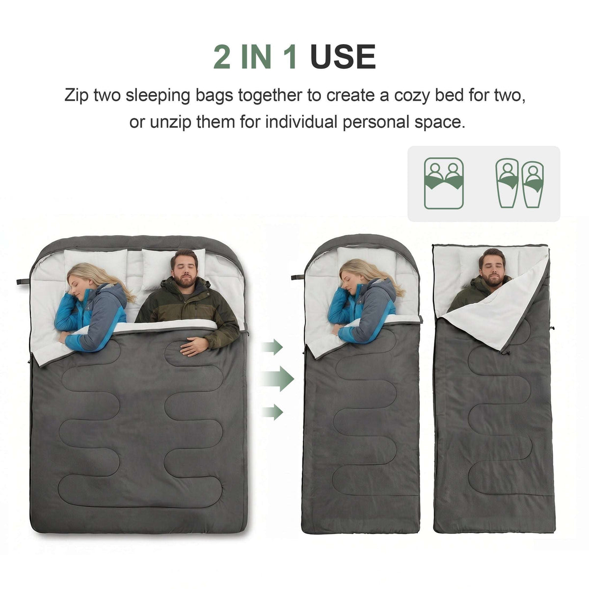 CONCETTA Lightweight Double Sleeping Bag for Adults in Cold & Warm Weaher, Waterproof & Machine Washable for Camping/Backpacking/Hiking, Black