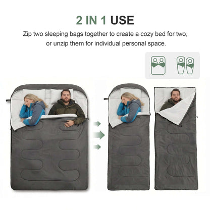 CONCETTA Lightweight Double Sleeping Bag for Adults in Cold & Warm Weaher, Waterproof & Machine Washable for Camping/Backpacking/Hiking, Black