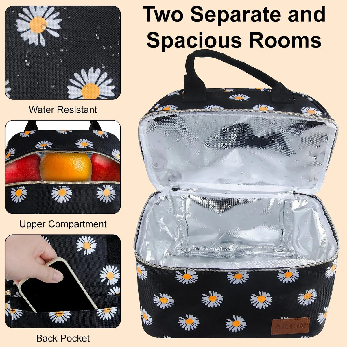 Insulated Lunch Bags for Women Men with Adjustable Shoulder Strap,AILKIN Large Lunch Box Tote Leakproof 8-12Hrs Cooler Reusable Thermal Lunch Bags for Women,Adults,School,Work,Office,Picnic,Daisy