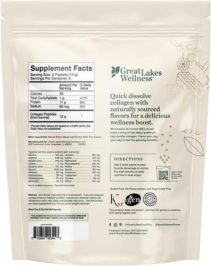 Great Lakes Wellness Sustainable Marine Collagen Peptides Powder for Skin, Hair, Nails, Joints & Digestion - Unflavored - Quick Dissolve Hydrolyzed, Wild Caught, MSC Certified, Non-GMO, Kosher - 16 oz