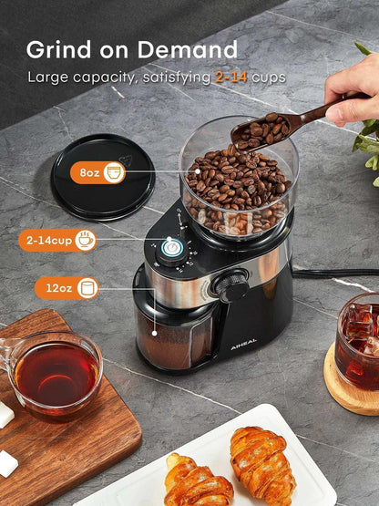 Electric Burr Coffee Grinder with 2-14 Cup Capacity, Aiheal Adjustable Burr Mill Coffee Bean Grinder with 18 Grind Settings for Espresso Drip Coffee and French Press, Black