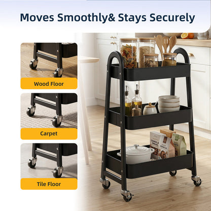Gianna Utility Cart, Metal, 3‑Tier, Lockable Caster Wheels , 360° Rolling, Black