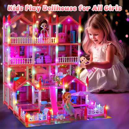 JoyStone Play Dollhouse with Doll Toy Figures, 14 Rooms Furniture and Colorful Lights, Creative Doll House Gift for Girls Ages 3+, Assemble Required, Pink