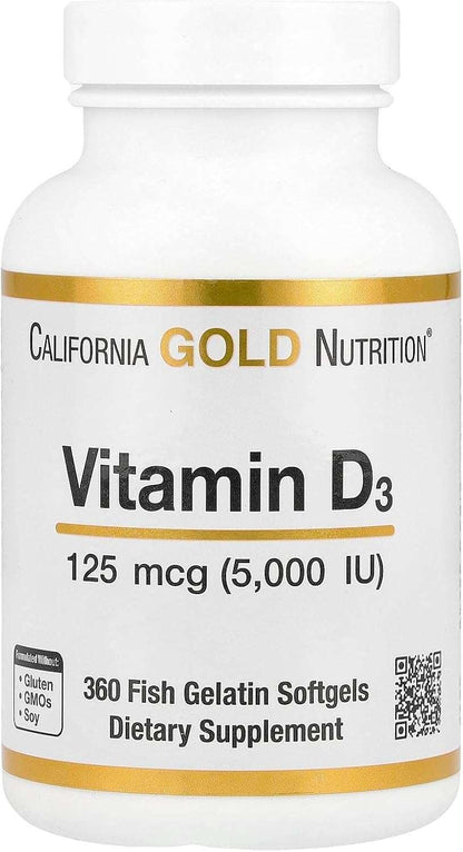 California Gold Nutrition, Vitamin D3, 125 mcg (5,000 IU), 90 Fish Gelatin Softgels