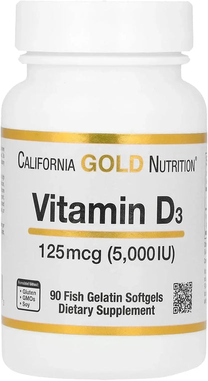 California Gold Nutrition, Vitamin D3, 125 mcg (5,000 IU), 90 Fish Gelatin Softgels