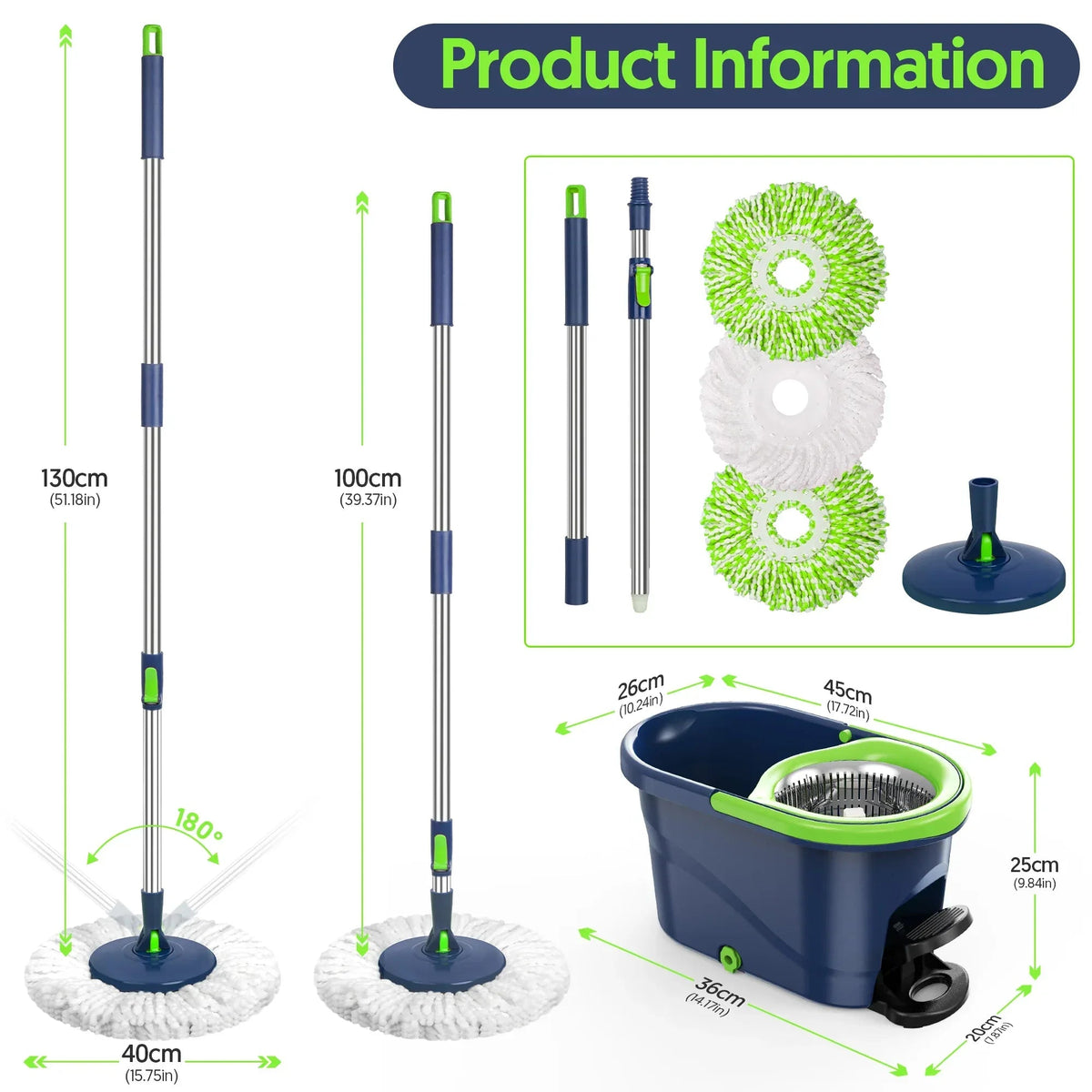 SUGARDAY Spin Mop and Bucket with Wringer Set for Floors Cleaning Heavy duty System, Green