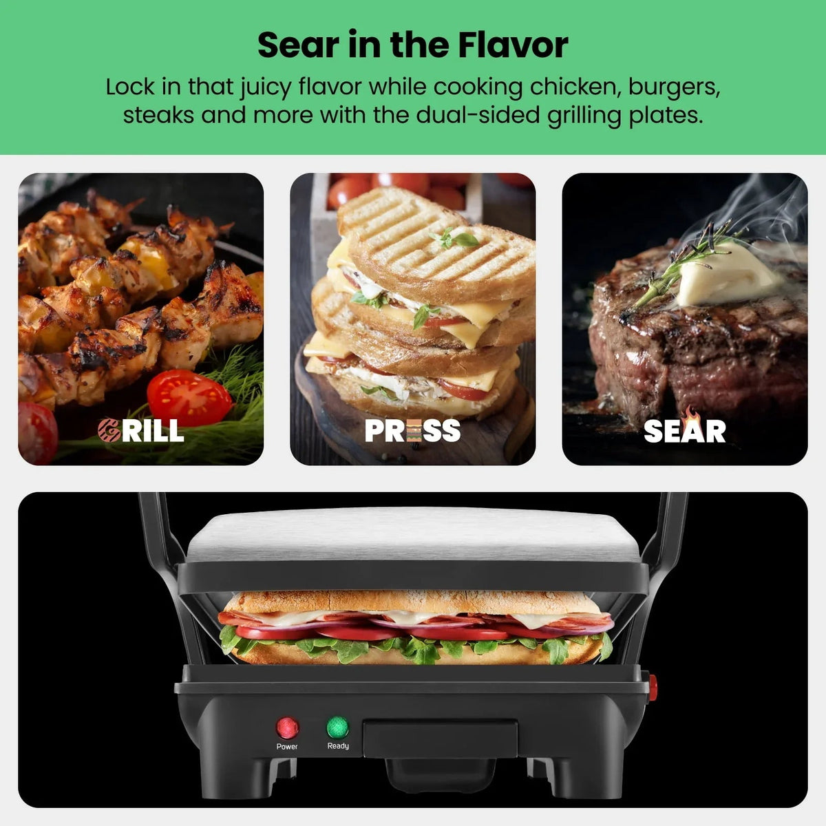 Chefman 3-in-1 Panini Press & Grill, 4-Slice Non-Stick, Opens Flat - Stainless Steel