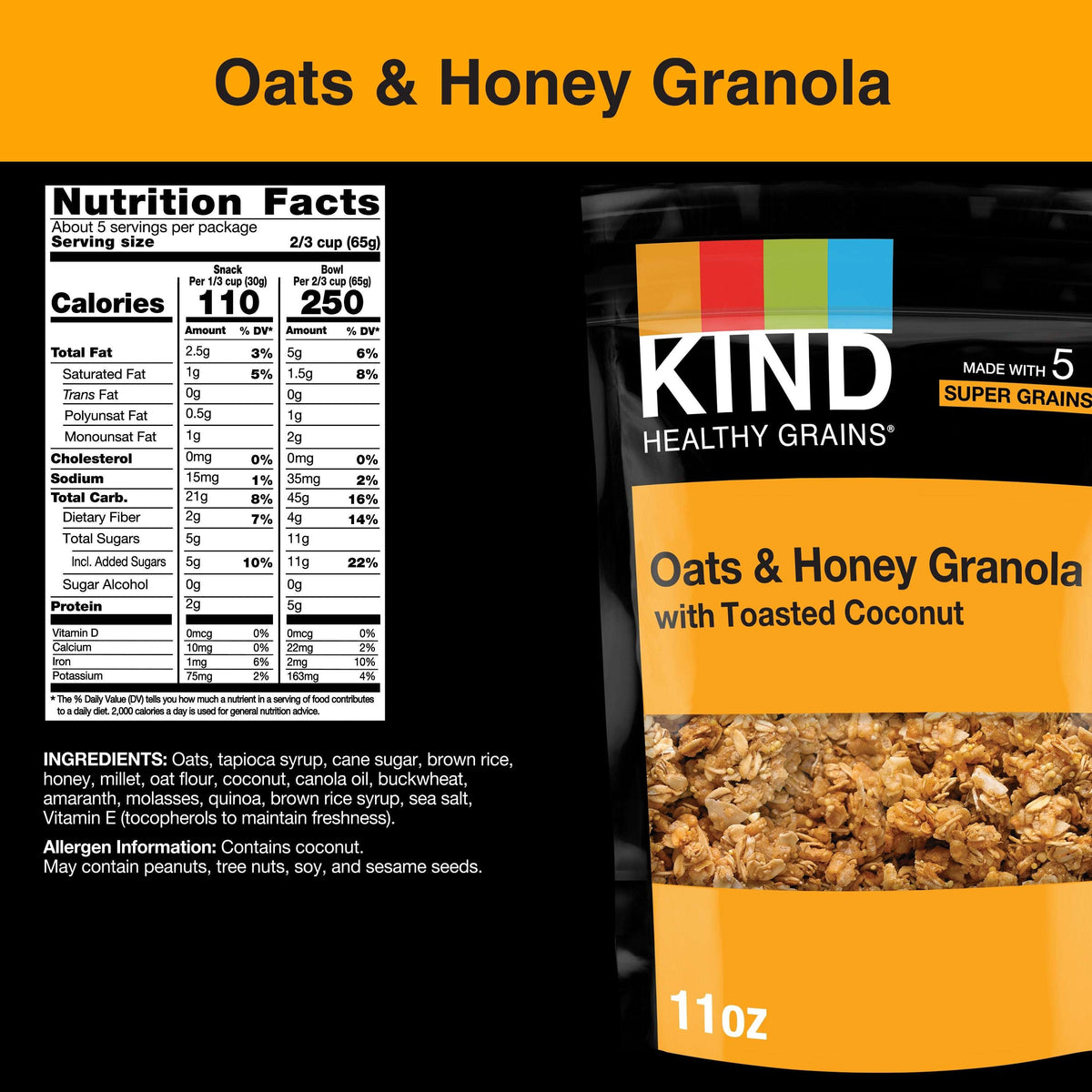 KIND HEALTHY GRAINS Granola, Healthy Snack, Oats & Honey Granola with Toasted Coconut, Snack Mix 11 OZ