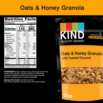 KIND HEALTHY GRAINS Granola, Healthy Snack, Oats & Honey Granola with Toasted Coconut, Snack Mix 11 OZ